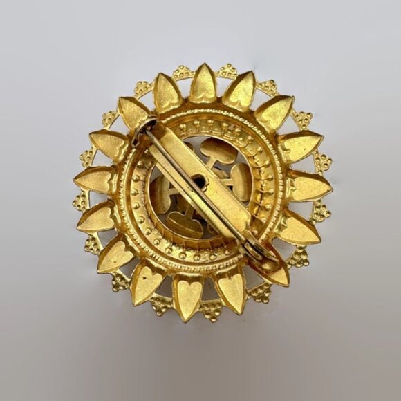 Vintage Brooch, Flower, Victorian Revival, Gold Tone, Blue Jewel, Ornate - Picture 4 of 4